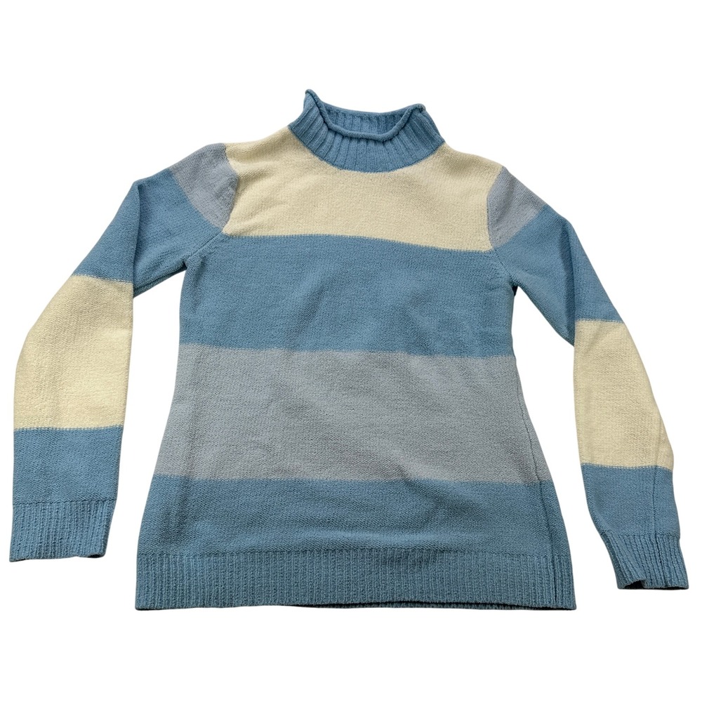 Crazy Horse Liz Claiborne Blue Cream Striped Cozy Mock Neck Sweater‎ Women's M